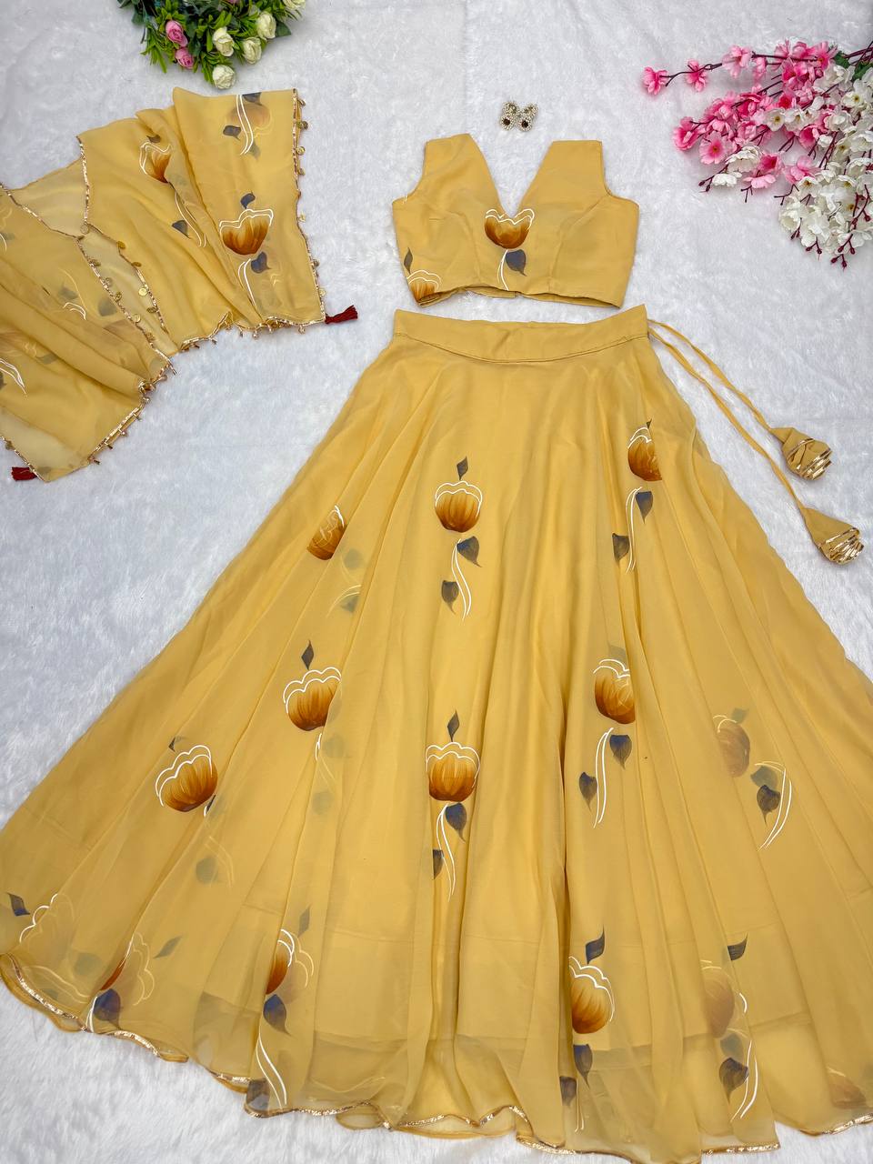 Yellow Elegant Handpainted Georgette Lehenga Set with Designer Jacket & Padded Blouse ClothsVilla