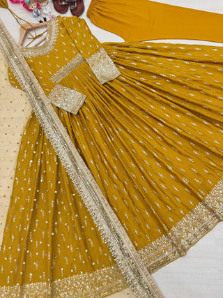 Yellow Elegant Heavy Chinon Silk Embroidered Gown Set with Tassel Sleeves, Bottom & Butterfly Net Dupatta ClothsVilla