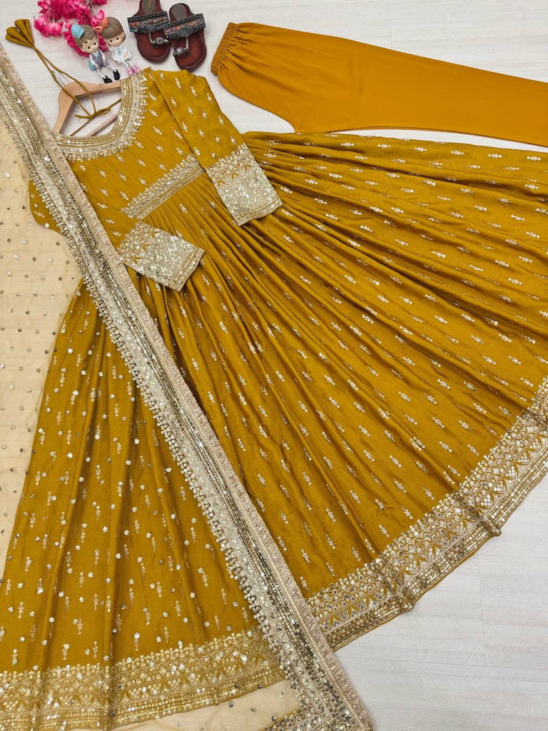 Yellow Elegant Heavy Chinon Silk Embroidered Gown Set with Tassel Sleeves, Bottom & Butterfly Net Dupatta ClothsVilla