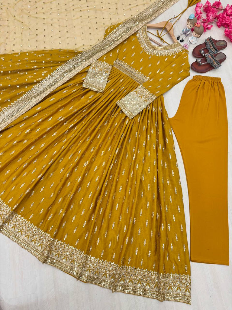 Yellow Elegant Heavy Chinon Silk Embroidered Gown Set with Tassel Sleeves, Bottom & Butterfly Net Dupatta ClothsVilla