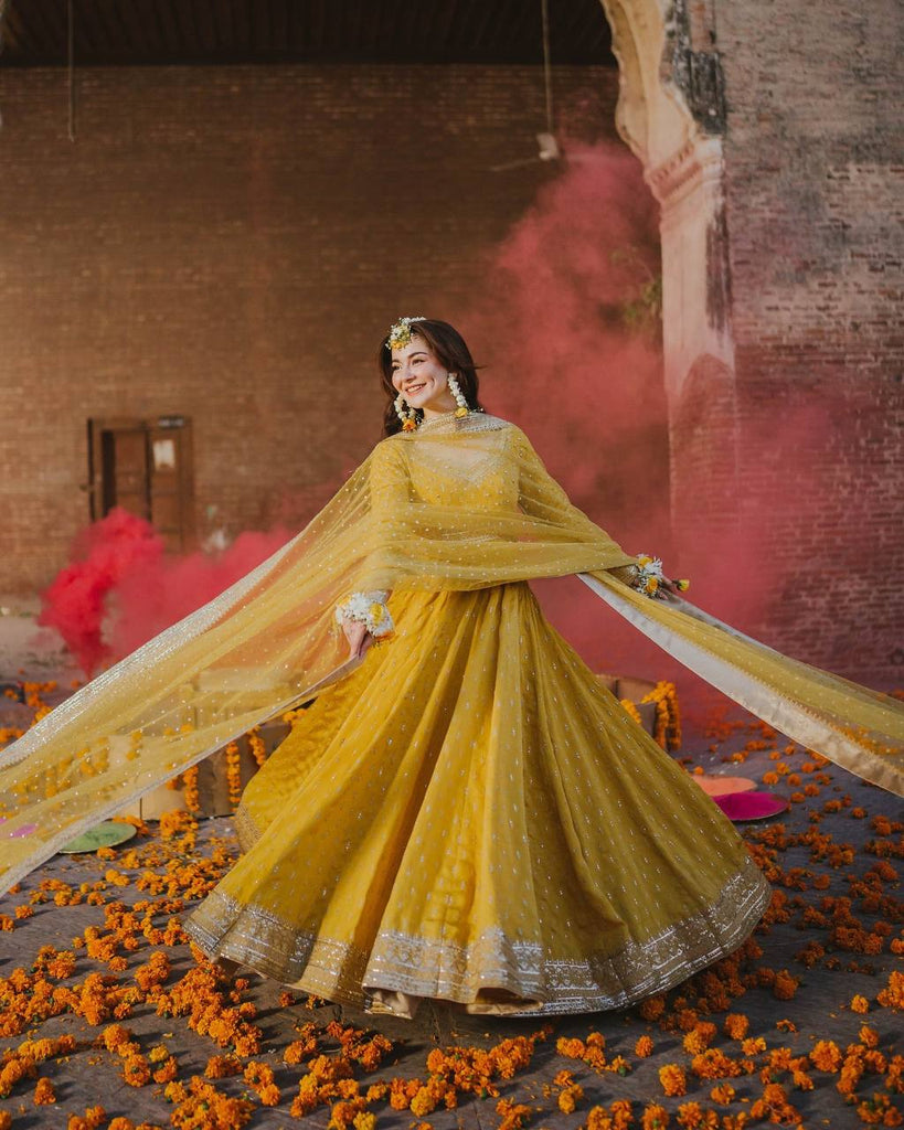 Yellow Elegant Heavy Chinon Silk Embroidered Gown Set with Tassel Sleeves, Bottom & Butterfly Net Dupatta ClothsVilla
