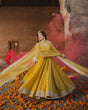 Load image into Gallery viewer, Yellow Elegant Heavy Chinon Silk Embroidered Gown Set with Tassel Sleeves, Bottom &amp; Butterfly Net Dupatta ClothsVilla