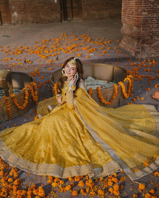 Yellow Elegant Heavy Chinon Silk Embroidered Gown Set with Tassel Sleeves, Bottom & Butterfly Net Dupatta ClothsVilla