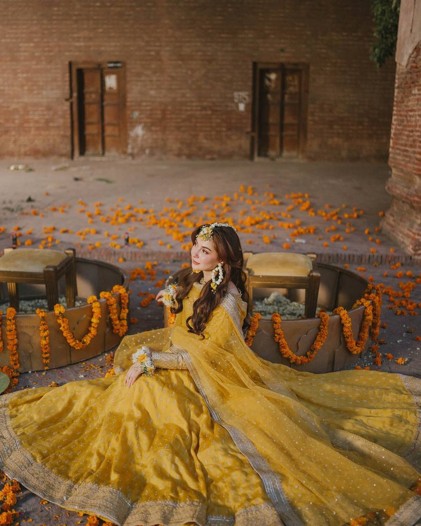 Yellow Elegant Heavy Chinon Silk Embroidered Gown Set with Tassel Sleeves, Bottom & Butterfly Net Dupatta ClothsVilla