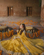 Load image into Gallery viewer, Yellow Elegant Heavy Chinon Silk Embroidered Gown Set with Tassel Sleeves, Bottom &amp; Butterfly Net Dupatta ClothsVilla