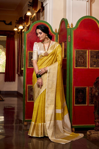 Yellow Elegant Jacquard Chex Saree with Zari Weaving Work – Includes Matching Blouse Piece Clothsvilla