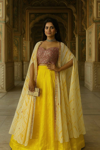 Yellow Elegant Kasturi Slub Silk Lehenga Set with Georgette Shibori Koti – Foil Mirror & Thread Work, Unstitched Blouse ClothsVilla