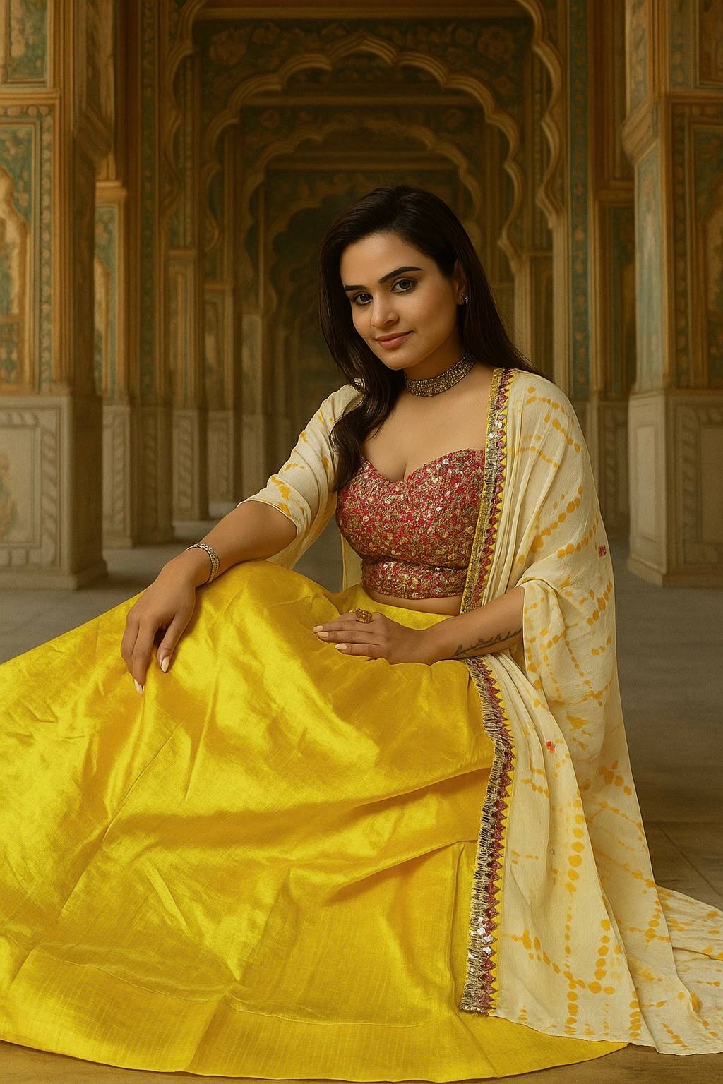 Yellow Elegant Kasturi Slub Silk Lehenga Set with Georgette Shibori Koti – Foil Mirror & Thread Work, Unstitched Blouse ClothsVilla