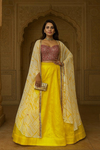Yellow Elegant Kasturi Slub Silk Lehenga Set with Georgette Shibori Koti – Foil Mirror & Thread Work, Unstitched Blouse ClothsVilla