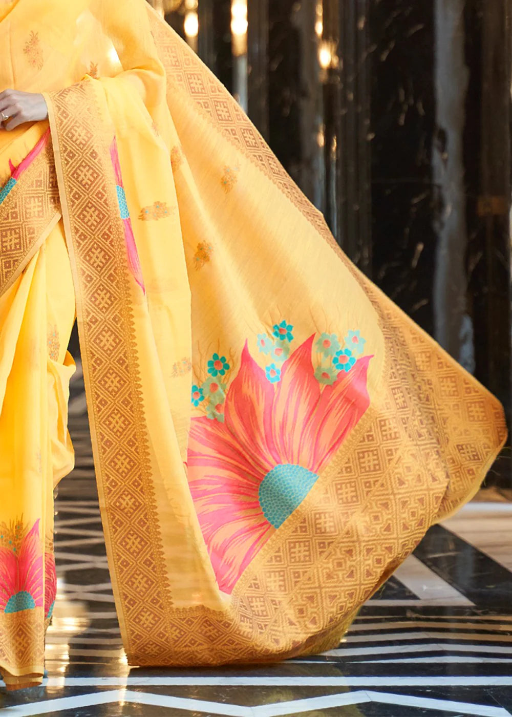 Yellow Elegant Linen Saree with Floral Printed Weaving Work ClothsVilla