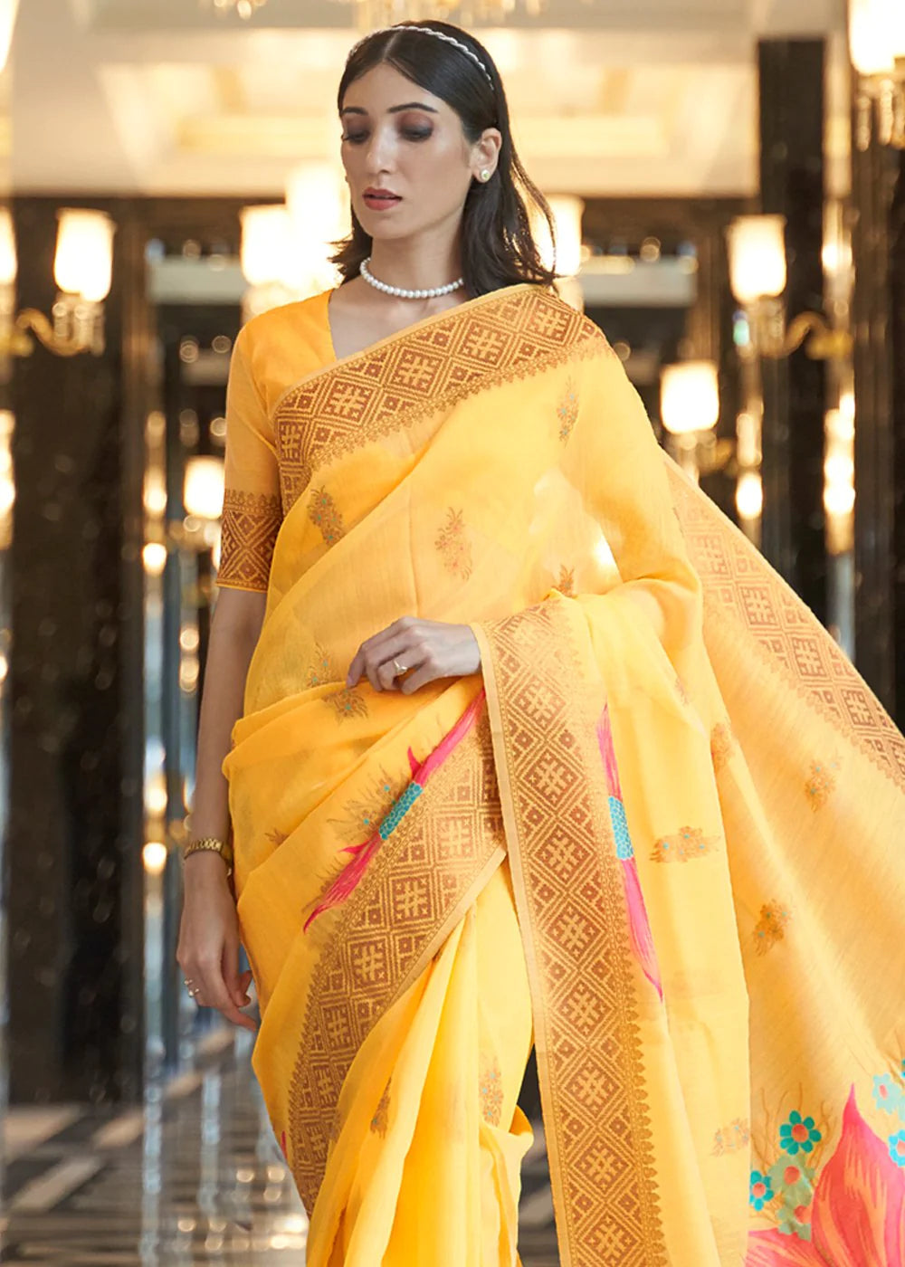 Yellow Elegant Linen Saree with Floral Printed Weaving Work ClothsVilla