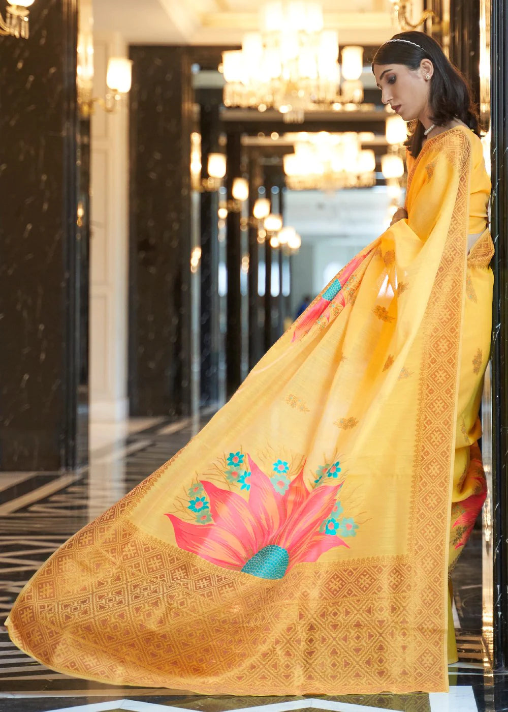 Yellow Elegant Linen Saree with Floral Printed Weaving Work ClothsVilla