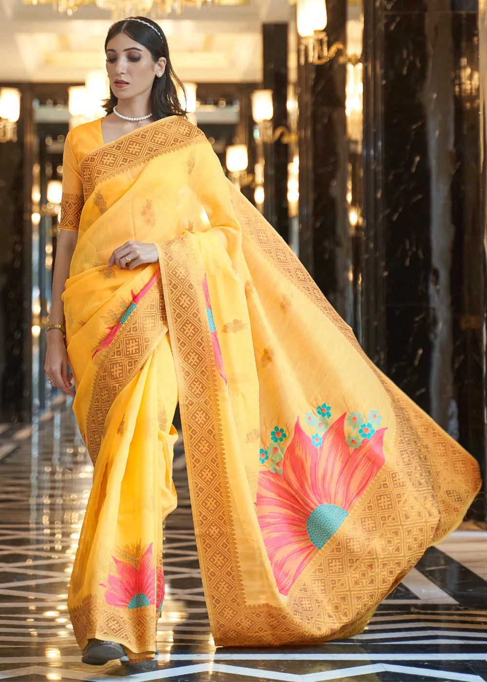Yellow Elegant Linen Saree with Floral Printed Weaving Work ClothsVilla