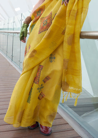 Yellow Elegant Linen Silk Saree – Breathable & Stylish with Blouse Piece ClothsVilla