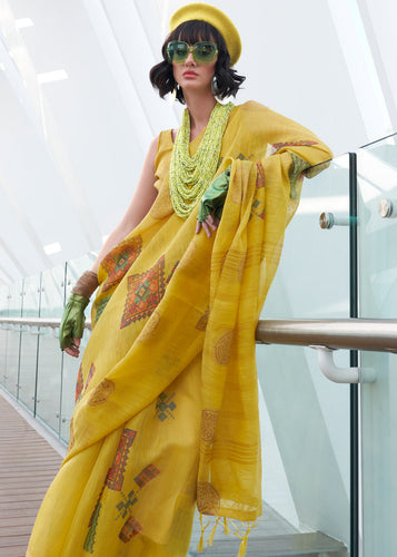 Yellow Elegant Linen Silk Saree – Breathable & Stylish with Blouse Piece ClothsVilla
