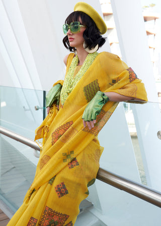 Yellow Elegant Linen Silk Saree – Breathable & Stylish with Blouse Piece ClothsVilla