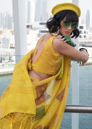 Yellow Elegant Linen Silk Saree – Breathable & Stylish with Blouse Piece ClothsVilla