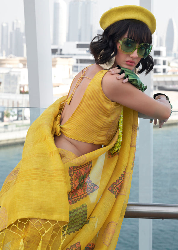 Yellow Elegant Linen Silk Saree – Breathable & Stylish with Blouse Piece ClothsVilla