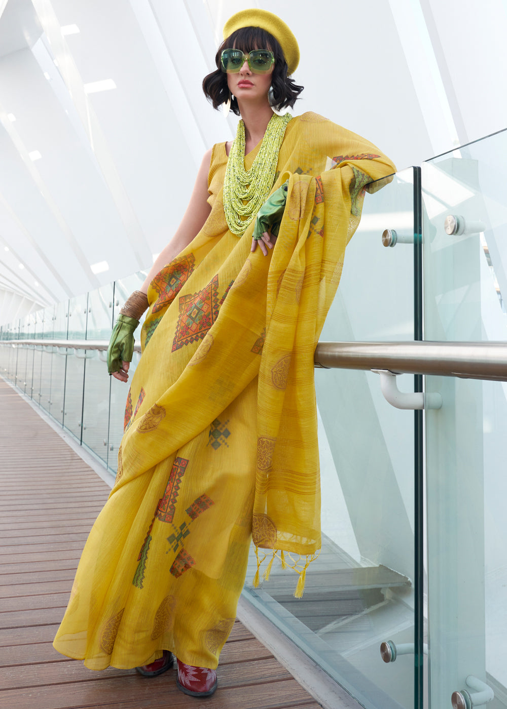 Yellow Elegant Linen Silk Saree – Breathable & Stylish with Blouse Piece ClothsVilla