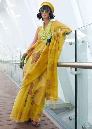 Yellow Elegant Linen Silk Saree – Breathable & Stylish with Blouse Piece ClothsVilla