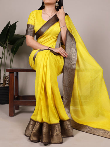 Yellow Elegant Marsh Mello Zari Weaving Saree with Matching Unstitched Blouse – Traditional Festive & Wedding Wear Clothsvilla
