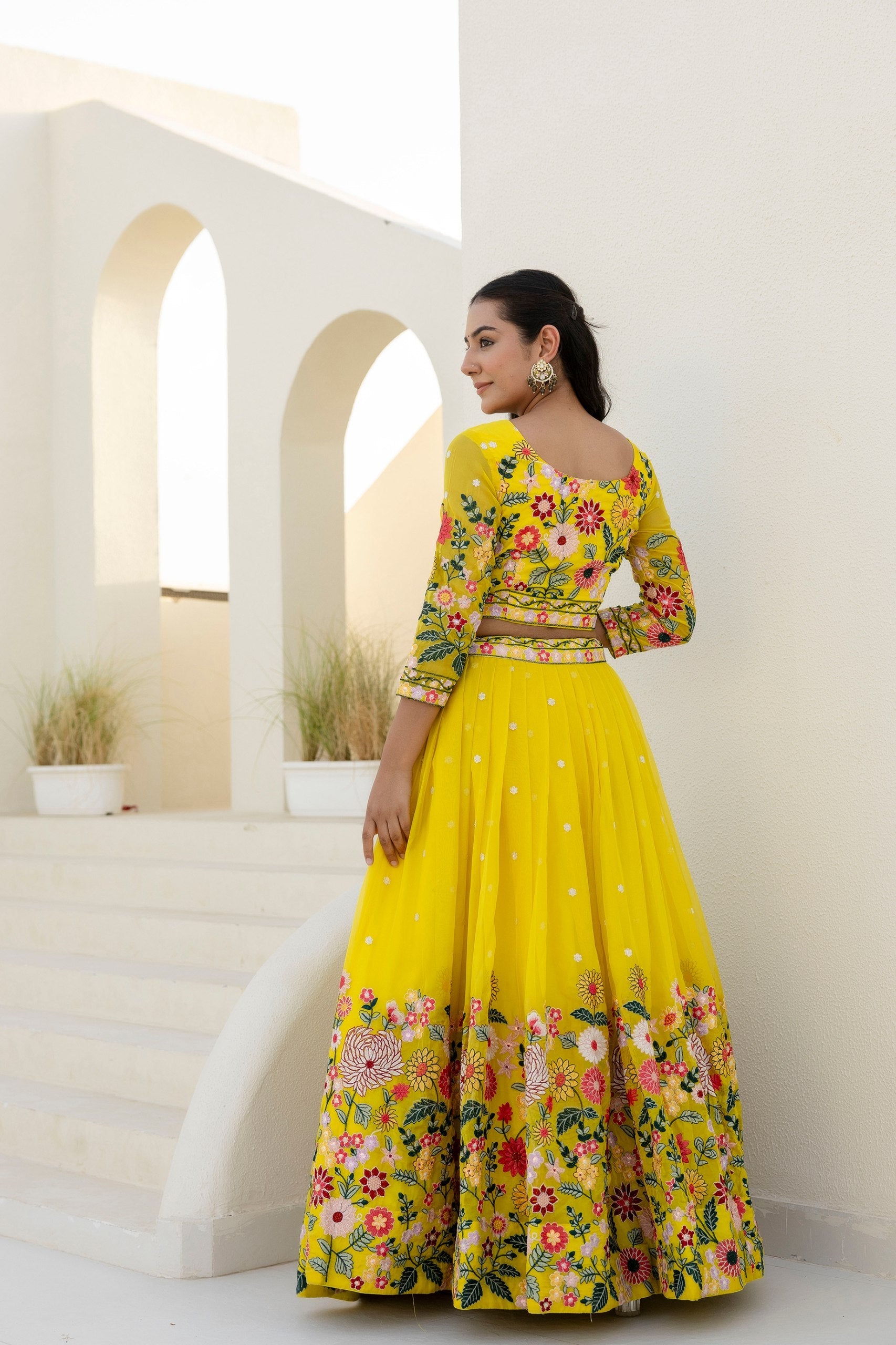 Yellow Elegant Organza Embroidered Lehenga Set with Sequins Work & Dupatta ClothsVilla