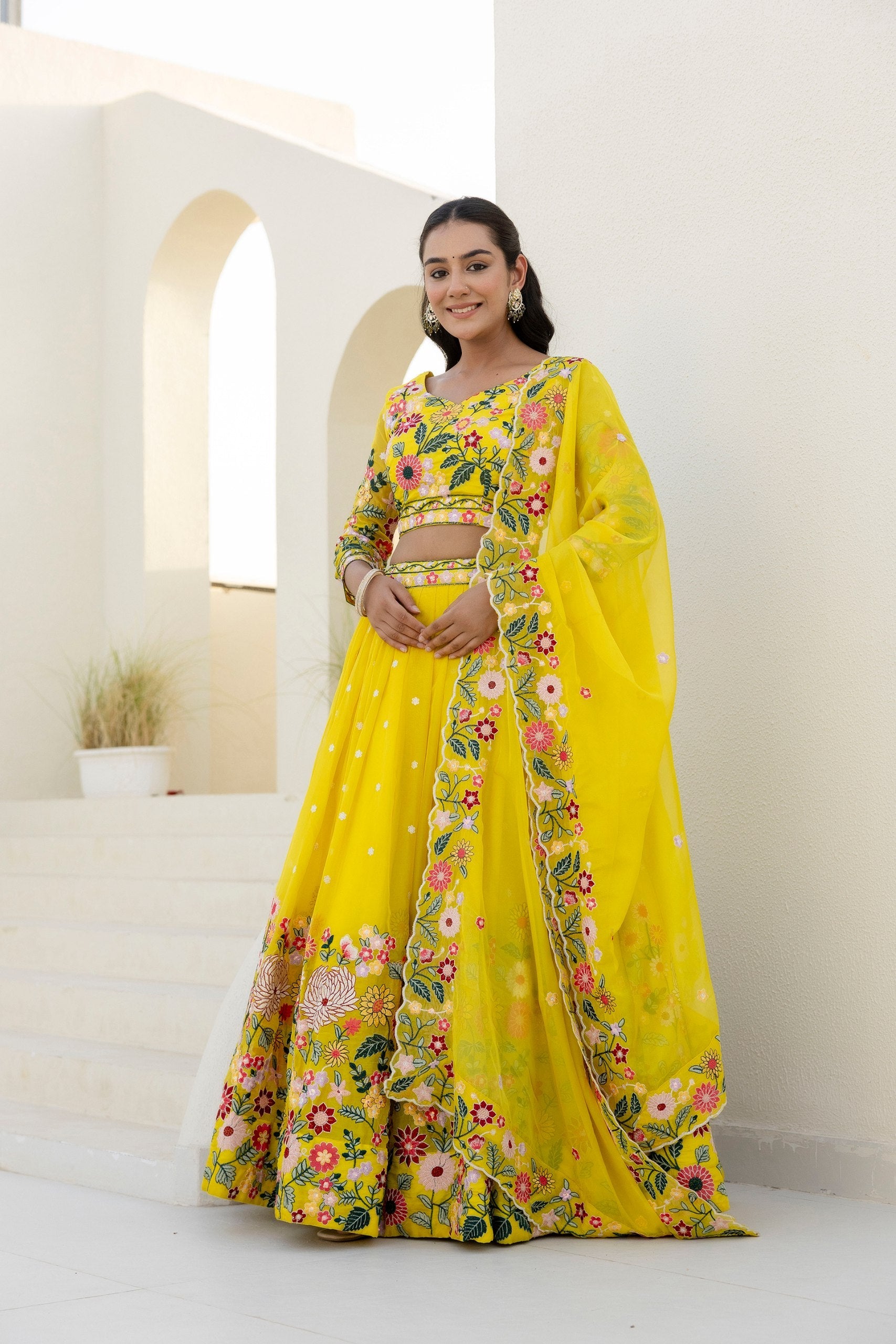 Yellow Elegant Organza Embroidered Lehenga Set with Sequins Work & Dupatta ClothsVilla