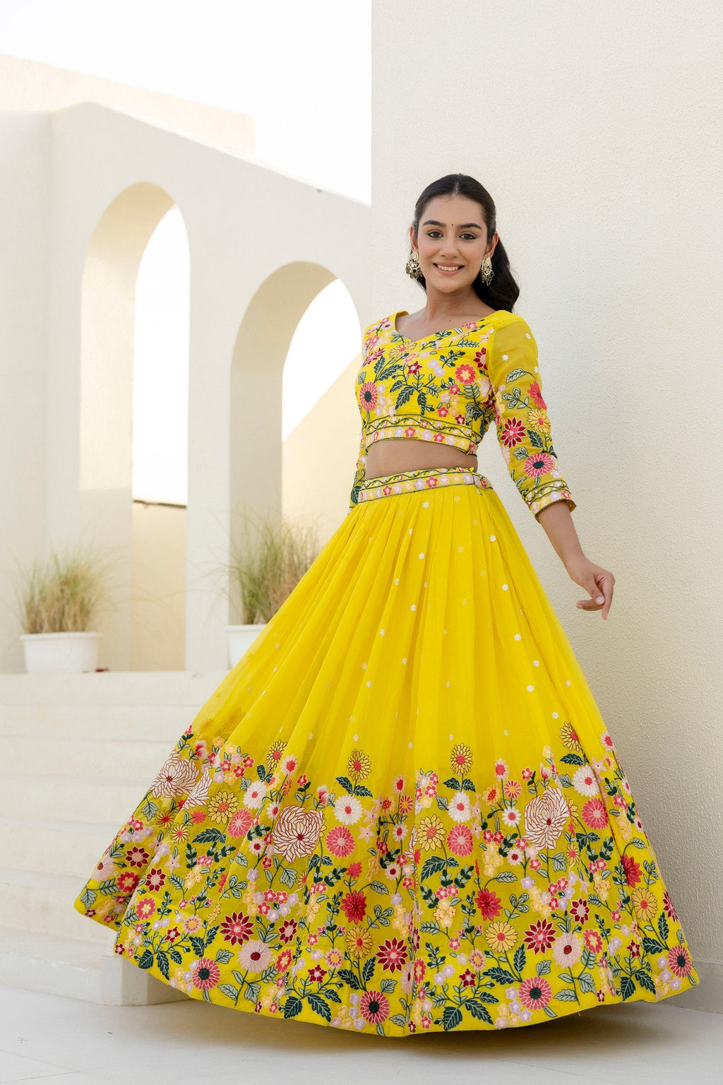 Yellow Elegant Organza Embroidered Lehenga Set with Sequins Work & Dupatta ClothsVilla