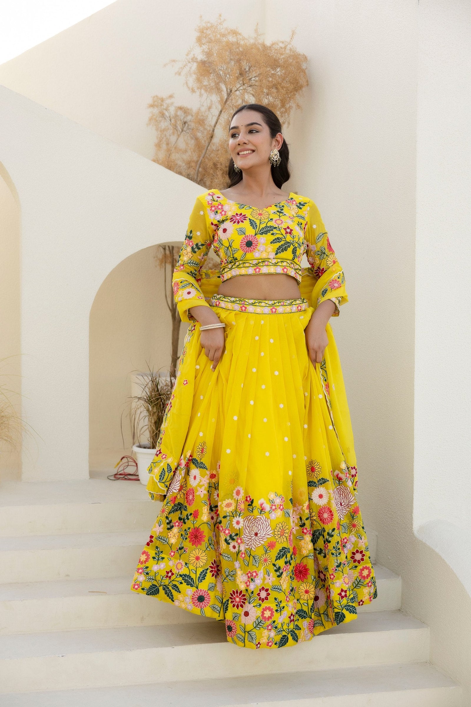 Yellow Elegant Organza Embroidered Lehenga Set with Sequins Work & Dupatta ClothsVilla