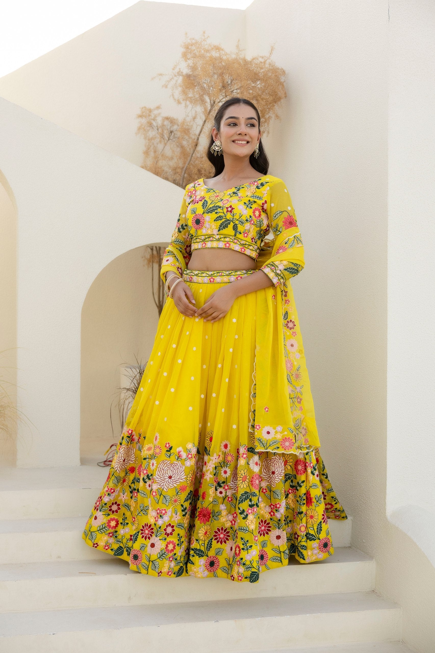 Yellow Elegant Organza Embroidered Lehenga Set with Sequins Work & Dupatta ClothsVilla