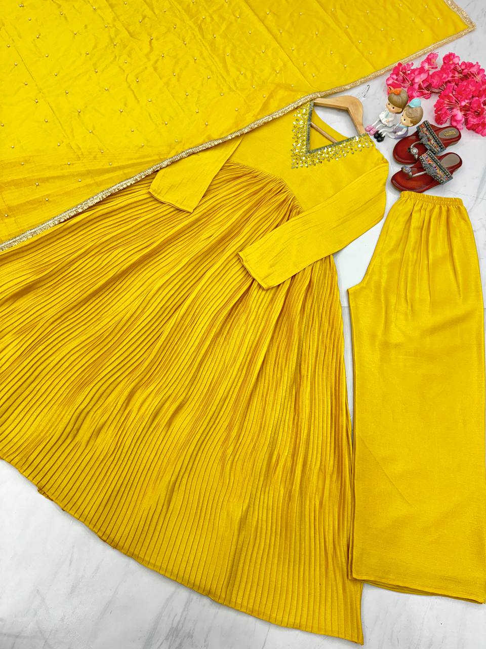 Yellow Elegant Party Wear Alia Cut Anarkali Gown Set with Dupatta & Bottom Clothsvilla