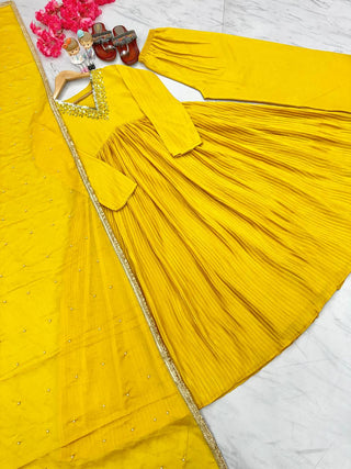 Yellow Elegant Party Wear Alia Cut Anarkali Gown Set with Dupatta & Bottom Clothsvilla