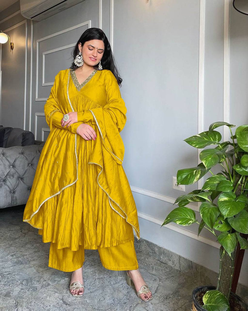 alia cut dress Yellow Elegant Party Wear Alia Cut Anarkali Gown Set with Du