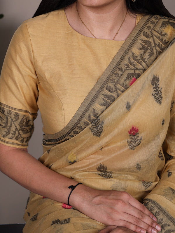 Yellow Elegant Poly Cotton Thread-Weaving Saree with Matching Unstitched Blouse – Lightweight Traditional Daily & Festive Wear ClothsVilla