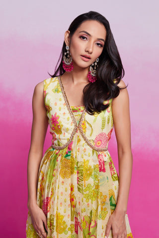 Yellow Elegant Printed Organza Gown with Handwork Detailing Ready To Wear ClothsVilla
