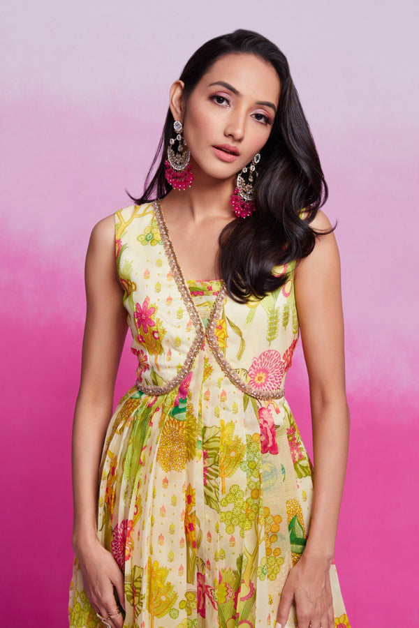 Yellow Elegant Printed Organza Gown with Handwork Detailing Ready To Wear ClothsVilla