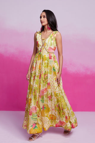 Yellow Elegant Printed Organza Gown with Handwork Detailing Ready To Wear ClothsVilla