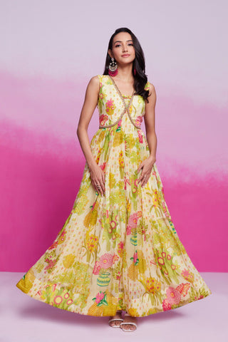 Yellow Elegant Printed Organza Gown with Handwork Detailing Ready To Wear ClothsVilla