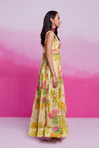 Yellow Elegant Printed Organza Gown with Handwork Detailing Ready To Wear ClothsVilla