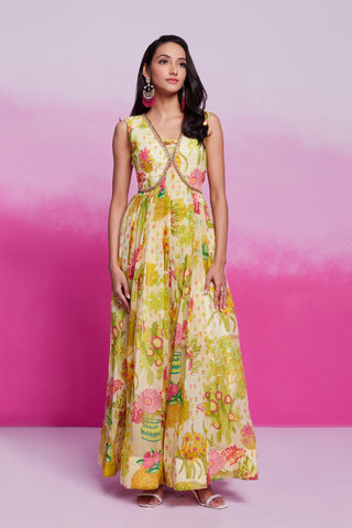 Yellow Elegant Printed Organza Gown with Handwork Detailing Ready To Wear ClothsVilla
