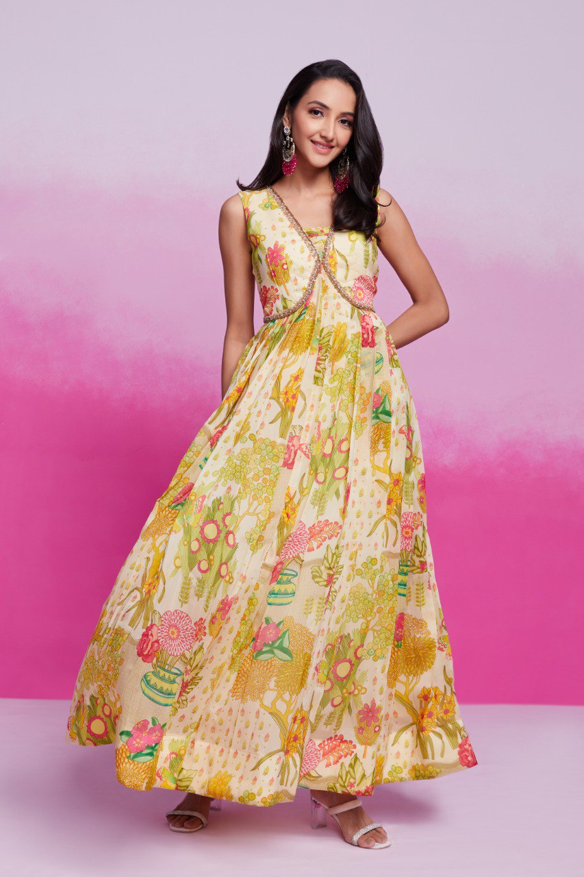 Yellow Elegant Printed Organza Gown with Handwork Detailing Ready To Wear ClothsVilla