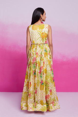 Yellow Elegant Printed Organza Gown with Handwork Detailing Ready To Wear ClothsVilla