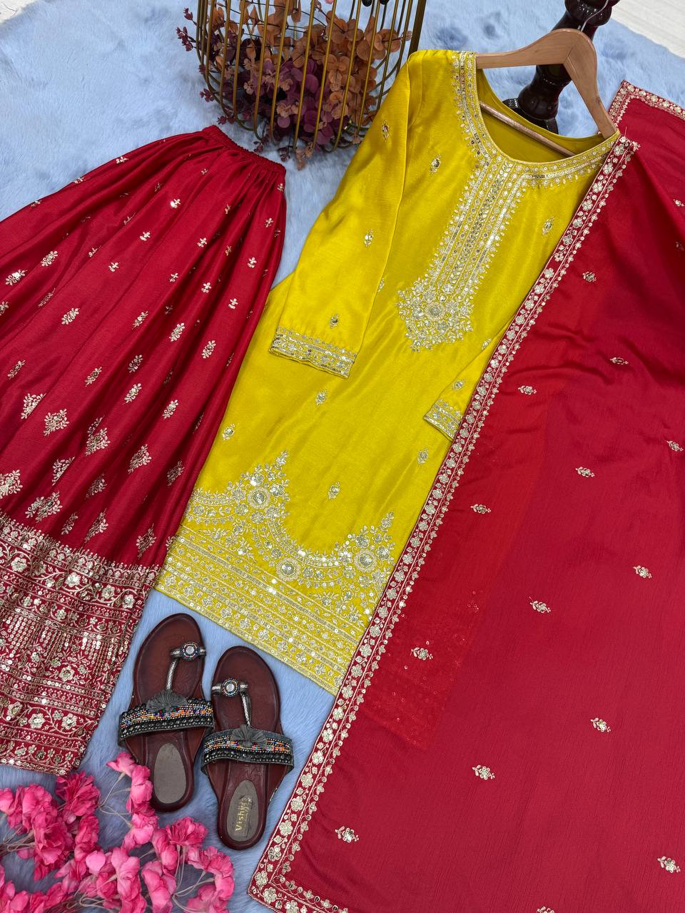 Yellow Elegant Pur Chinon Silk Embroidered Palazzo Set with Dupatta – Fully Stitched ClothsVilla