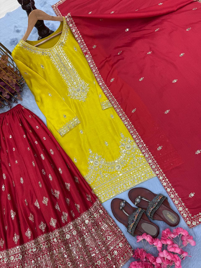 Yellow Elegant Pur Chinon Silk Embroidered Palazzo Set with Dupatta – Fully Stitched ClothsVilla