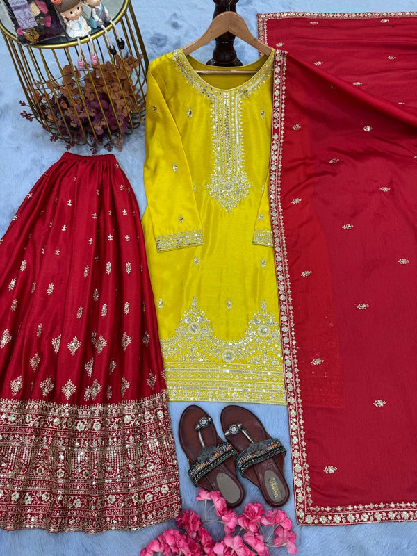 Yellow Elegant Pur Chinon Silk Embroidered Palazzo Set with Dupatta – Fully Stitched ClothsVilla