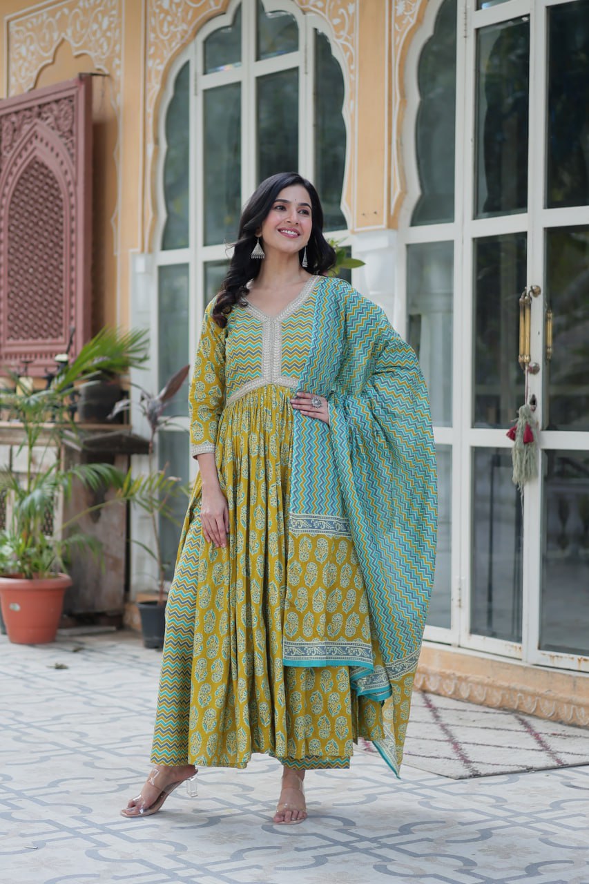 Yellow Elegant Pure Cotton 3-Piece Suit Set for Women Comfortable Fit ClothsVilla