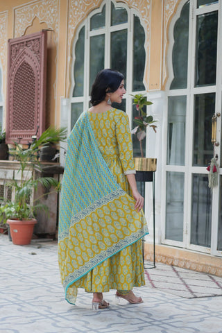 Yellow Elegant Pure Cotton 3-Piece Suit Set for Women Comfortable Fit ClothsVilla