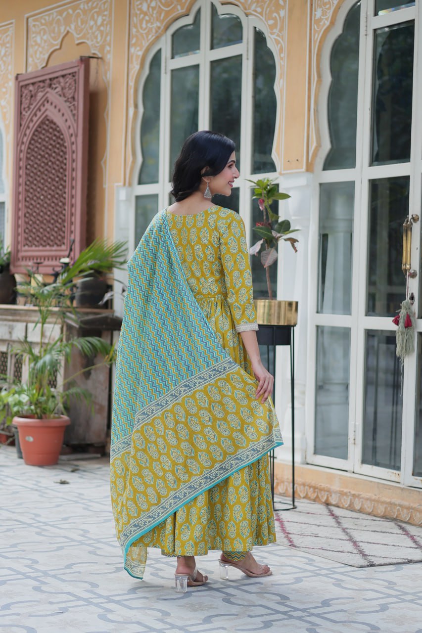 Yellow Elegant Pure Cotton 3-Piece Suit Set for Women Comfortable Fit ClothsVilla