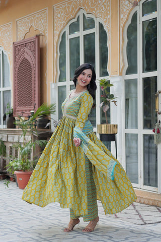 Yellow Elegant Pure Cotton 3-Piece Suit Set for Women Comfortable Fit ClothsVilla