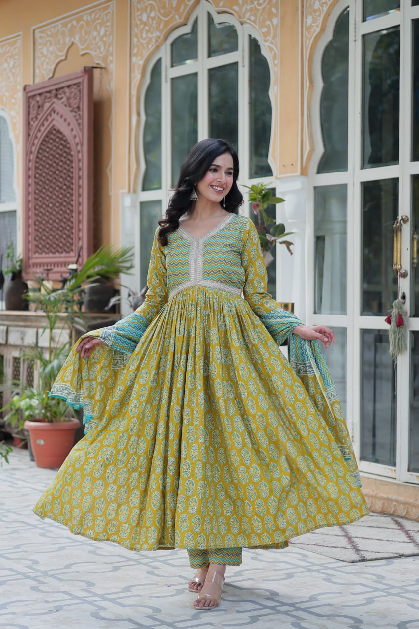 Yellow Elegant Pure Cotton 3-Piece Suit Set for Women Comfortable Fit ClothsVilla